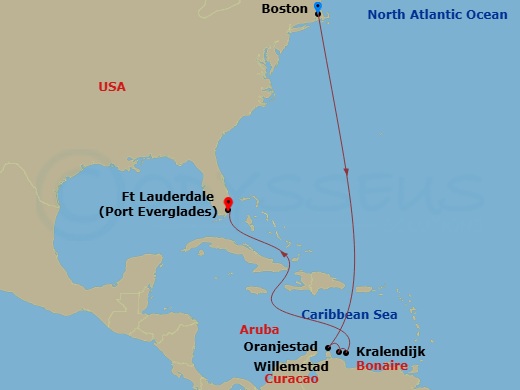 Celebrity Silhouette - 10 Night - Boston to Fort Lauderdale - Celebrity Silhouette - Starting in Boston, Massachusetts, Oranjestad, Aruba, Willemstad AN, Curacao, Kralendijk, Bonair.. itinerary map