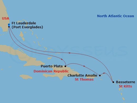 Celebrity Beyond - 7 Night - St. Thomas & Puerto Plata - Celebrity Beyond - Starting in Fort Lauderdale, Florida, Puerto Plata, Dominican Republic, Charlotte Amalie, St Thomas,.. itinerary map
