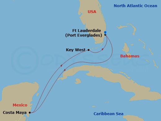 Celebrity Summit - 5 Night - Key West & Mexico Cruise - Celebrity Summit - Starting in Fort Lauderdale, Florida, Puerto Costa Maya, Mexico, Key West, Florida, Fort Lauderdale, F.. itinerary map