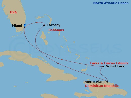 Celebrity Beyond - 6 Night - Perfect Day Cococay & Grand Turk - Celebrity Beyond - Starting in Miami, Florida, Perfect Day Cococay, Bahamas, Puerto Plata, Dominican Republic, Gr.. itinerary map