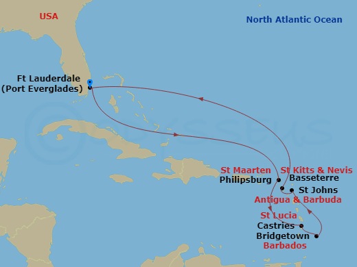 Celebrity Ascent - 10 Night - Ultimate Southern Caribbean - Celebrity Ascent - Starting in Fort Lauderdale, Florida, Philipsburg, St Maarten, Castries, St Lucia, Bridgetown, Bar.. itinerary map