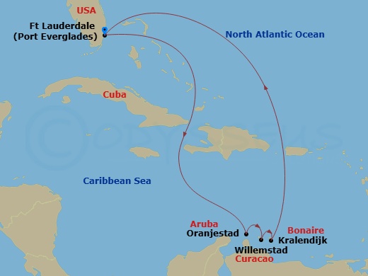 Celebrity Beyond - 8 Night - Aruba, Curacao & Bonaire - Celebrity Beyond - Starting in Fort Lauderdale, Florida, Oranjestad, Aruba, Willemstad AN, Curacao, Kralendijk, Bonaire,.. itinerary map