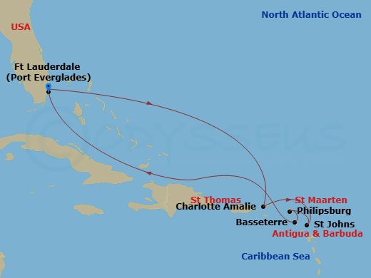 Celebrity Silhouette - 9 Night - Antigua, St. Kitts, & Usvi Holiday - Celebrity Silhouette - Starting in Fort Lauderdale, Florida, Charlotte Amalie, St Thomas, St Johns AG, Antigua,.. itinerary map