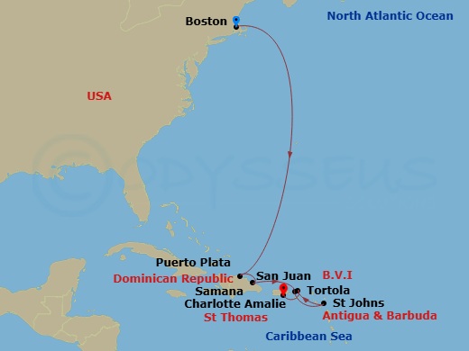 Celebrity Summit - 9 Night - Boston to San Juan Cruise - Celebrity Summit - Starting in Boston, Massachusetts, Puerto Plata, Dominican Republic, Samana, Dominican Republic, Char.. itinerary map