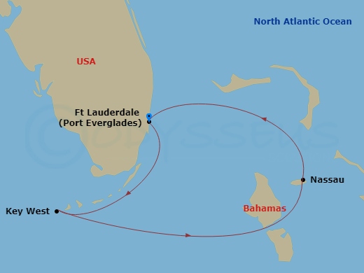 Celebrity Reflection - 4 Night - Key West & Bahamas Cruise - Celebrity Reflection - Starting in Fort Lauderdale, Florida, Key West, Florida, Nassau, Bahamas, Fort Lauderdale, Florida itinerary map