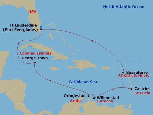 Celebrity Eclipse - 11 Night - Best of Southern Caribbean - Celebrity Eclipse - Starting in Fort Lauderdale, Florida, George Town, Grand Cayman, Oranjestad, Aruba, Willemstad AN,.. itinerary map