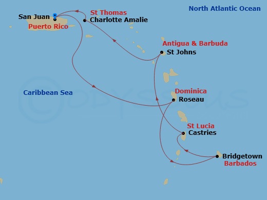 Celebrity Summit - 7 Night - Southern Caribbean Cruise - Celebrity Summit - Starting in San Juan, Puerto Rico, Roseau, Dominica, Bridgetown, Barbados, Castries, St Lucia, St Joh.. itinerary map