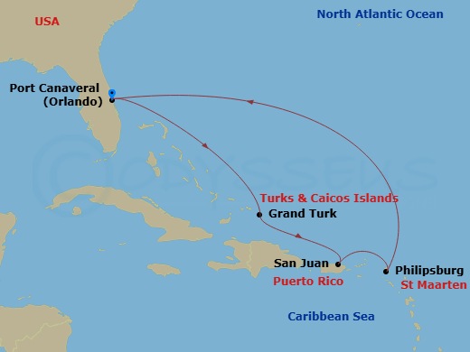 7 Night - Grand Turk & St. Maarten Cruise - Celebrity Apex - Starting in Orlando (Port Canaveral), Fl, Grand Turk, Turks and Caicos, San Juan, Puerto Rico, Philipsburg, St Maarten, Orlando (Port Canaveral), Fl itinerary map