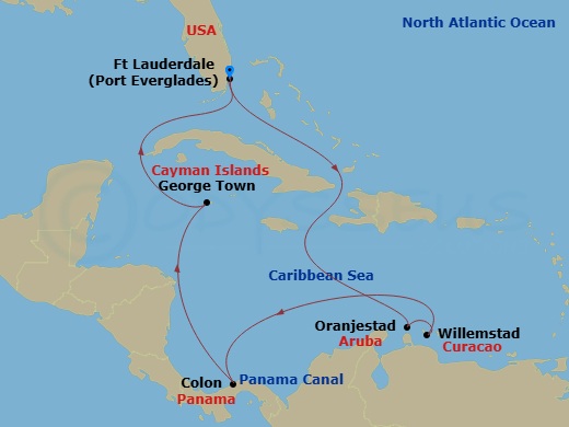 Celebrity Ascent - 11 Night - Panama Canal & Southern Caribbean - Celebrity Ascent - Starting in Fort Lauderdale, Florida, Oranjestad, Aruba, Willemstad AN, Curacao, Panama Cana.. itinerary map