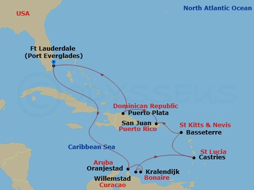 Celebrity Eclipse - 12 Night - Ultimate Southern Caribbean - Celebrity Eclipse - Starting in Fort Lauderdale, Florida, Oranjestad, Aruba, Kralendijk, Bonaire, Willemstad AN, Cura.. itinerary map