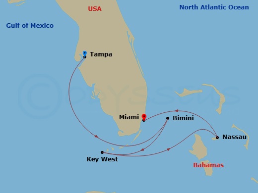 Celebrity Constellation - 7 Night - Key West & Bahamas Cruise - Celebrity Constellation - Starting in Tampa, Florida, Bimini, Bahamas, Key West, Florida, Nassau, Bahamas, Tampa, Florida itinerary map