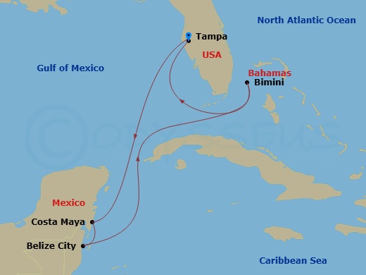 Celebrity Constellation - 7 Night - Belize, Honduras & Mexico Holiday - Celebrity Constellation - Starting in Tampa, Florida, Puerto Costa Maya, Mexico, Belize City, Belize, Bimini, Ba.. itinerary map