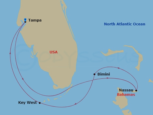 Celebrity Constellation - 7 Night - Key West & Bahamas Cruise - Celebrity Constellation - Starting in Tampa, Florida, Nassau, Bahamas, Bimini, Bahamas, Key West, Florida, Tampa, Florida itinerary map