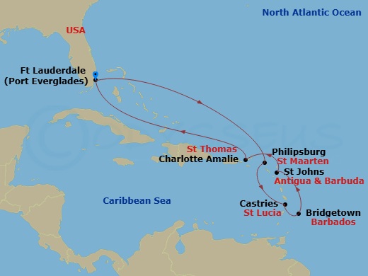 Celebrity Ascent - 10 Night - Ultimate Southern Caribbean - Celebrity Ascent - Starting in Fort Lauderdale, Florida, Philipsburg, St Maarten, Castries, St Lucia, Bridgetown, Bar.. itinerary map