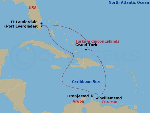 Celebrity Beyond - 8 Night - Aruba, Curacao & Grand Turk - Celebrity Beyond - Starting in Fort Lauderdale, Florida, Grand Turk, Turks and Caicos, Willemstad AN, Curacao, Oranjes.. itinerary map