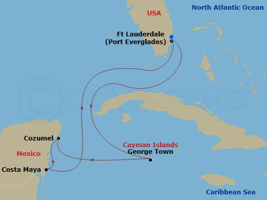 Celebrity Summit - 7 Night - Grand Cayman & Mexico Cruise - Celebrity Summit - Starting in Fort Lauderdale, Florida, George Town, Grand Cayman, Cozumel, Mexico, Puerto Costa May.. itinerary map