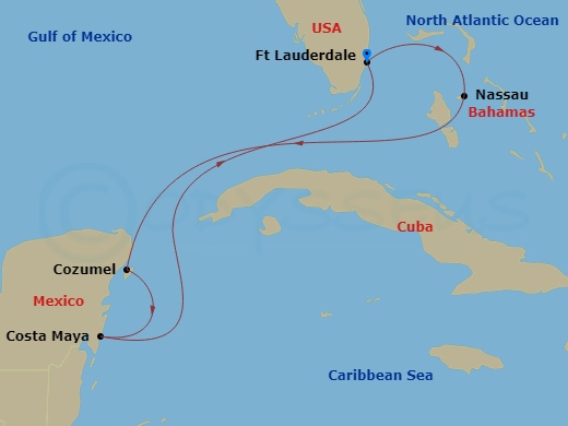 Celebrity Beyond - 6 Night - Mexico & Bahamas Cruise - Celebrity Beyond - Starting in Fort Lauderdale, Florida, Nassau, Bahamas, Cozumel, Mexico, Puerto Costa Maya, Mexico, Fort.. itinerary map