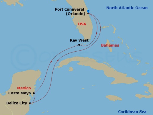 7 Night - Key West, Mexico & Belize Cruise - Celebrity Apex - Starting in Orlando (Port Canaveral), Fl, Key West, Florida, Puerto Costa Maya, Mexico, Belize City, Belize, Orlando (Port Canaveral), Fl itinerary map