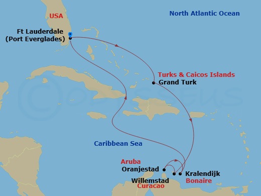 Celebrity Reflection - 9 Night - Aruba, Bonaire & Curacao - Celebrity Reflection - Starting in Fort Lauderdale, Florida, Grand Turk, Turks and Caicos, Willemstad AN, Curacao, Oranje.. itinerary map