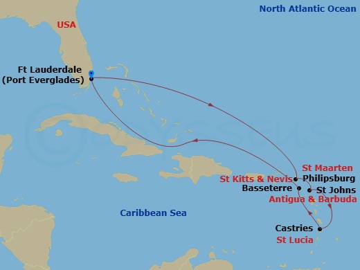 Celebrity Eclipse - 9 Night - Best of Southern Caribbean - Celebrity Eclipse - Starting in Fort Lauderdale, Florida, Philipsburg, St Maarten, St Johns AG, Antigua, Castries, St L.. itinerary map