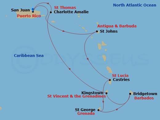 Celebrity Summit - 9 Night - Southern Caribbean Cruise - Celebrity Summit - Starting in San Juan, Puerto Rico, St Johns AG, Antigua, Castries, St Lucia, St Georges, Grenada, Bri.. itinerary map