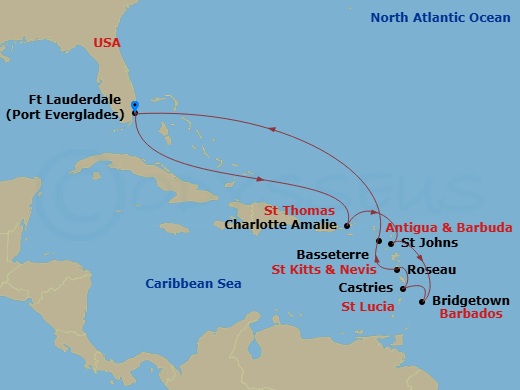 Celebrity Ascent - 11 Night - Best of Southern Caribbean - Celebrity Ascent - Starting in Fort Lauderdale, Florida, Charlotte Amalie, St Thomas, St Johns AG, Antigua, Bridgetown.. itinerary map