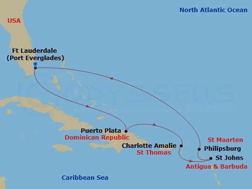 8 Night - Antigua, St. Kitts & Puerto Plata - Celebrity Xcel - Starting in Fort Lauderdale, Florida, Puerto Plata, Dominican Republic, Charlotte Amalie, St Thomas, St Johns AG, Antigua, Philipsburg, St Maarten, Fort Lauderdale, Florida itinerary map