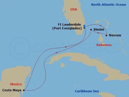 Celebrity Silhouette - 6 Night - Mexixo & Bahamas Cruise - Celebrity Silhouette - Starting in Fort Lauderdale, Florida, Puerto Costa Maya, Mexico, Bimini, Bahamas, Nassau, Bahamas,.. itinerary map