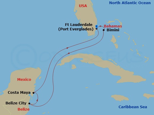Celebrity Beyond - 6 Night - Mexico, Belize & Bahamas Cruise - Celebrity Beyond - Starting in Fort Lauderdale, Florida, Bimini, Bahamas, Belize City, Belize, Puerto Costa Maya,.. itinerary map