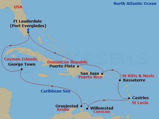 Celebrity Eclipse - 12 Night - Ultimate Southern Caribbean - Celebrity Eclipse - Starting in Fort Lauderdale, Florida, George Town, Grand Cayman, Oranjestad, Aruba, Willemstad AN.. itinerary map