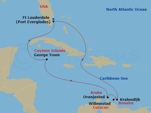 Celebrity Reflection - 9 Night - Aruba, Bonaire & Curacao - Celebrity Reflection - Starting in Fort Lauderdale, Florida, George Town, Grand Cayman, Oranjestad, Aruba, Willemstad AN,.. itinerary map