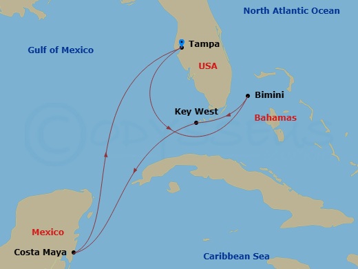 Celebrity Constellation - 7 Night - Key West, Mexico & Bahamas - Celebrity Constellation - Starting in Tampa, Florida, Bimini, Bahamas, Key West, Florida, Puerto Costa Maya, Mexico, Ta.. itinerary map