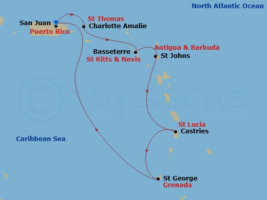 Celebrity Summit - 7 Night - Southern Caribbean Cruise - Celebrity Summit - Starting in San Juan, Puerto Rico, Charlotte Amalie, St Thomas, Basseterre, St Kitts and Nevis, St Jo.. itinerary map