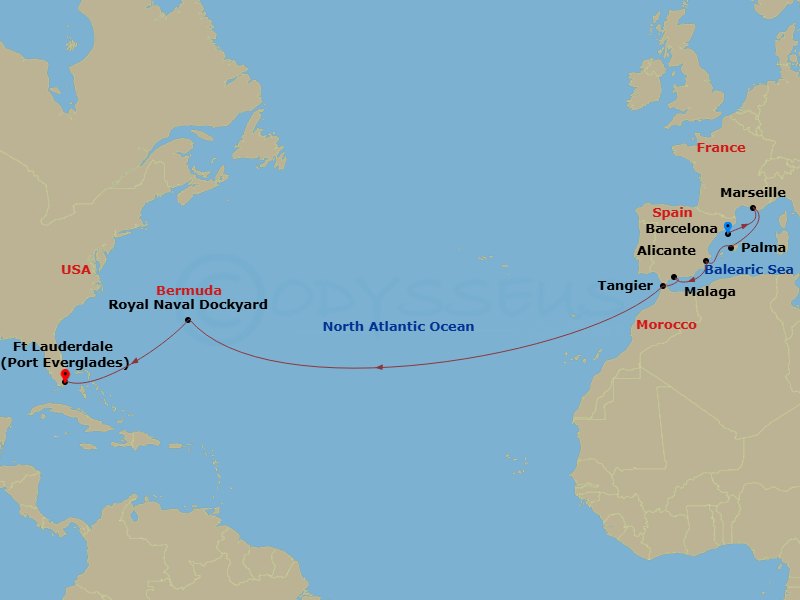 Celebrity Xcel - 16 Night - Spain & Bermuda Transatlantic - Celebrity Xcel - Starting in Barcelona, Spain, Provence (Marseille), France, Palma De Mallorca, Spain, Alicante, Sp.. itinerary map