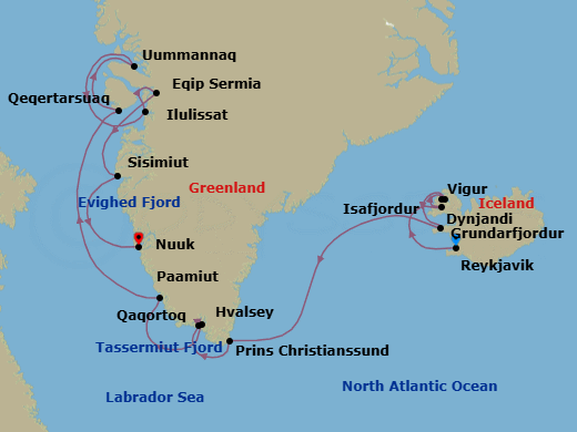 14 Night - Reykjavik to Nuuk - Silver Wind - Starting in Reykjavik, Dynjandi Waterfalls, Isafjordur, Vigur Island, Grundarfjordur, Cruise Prince Christian Sound, Qaqortoq (Julianehab), Hvalsey, Paamiut, Evighedsfjord, Qeqertarsuaq, Uummannaq Fjord, Ilulissat, Eqip Sermia Glacier, Sisimiut, Nuuk (Godthab) itinerary map