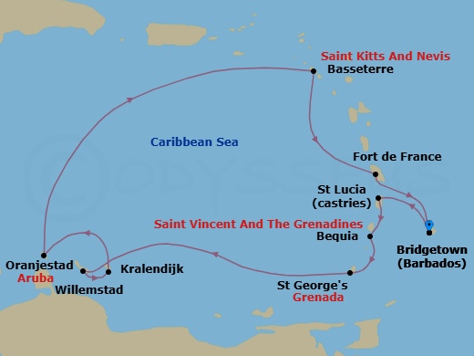 11 Night - Bridgetown to Bridgetown - Silver Spirit - Starting in Bridgetown, Castries, St Lucia, Bequia, St Georges, Willemstad AN, Curacao, Kralendijk, Bonaire, Oranjestad, Aruba, St Kitts (Basseterre), Fort-de-France, Bridgetown itinerary map