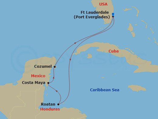 Celebrity Xcel - 6 Night - Mexico & Honduras Cruise - Celebrity Xcel - Starting in Fort Lauderdale, Florida, Roatan, Honduras, Puerto Costa Maya, Mexico, Cozumel, Mexico, Fort.. itinerary map