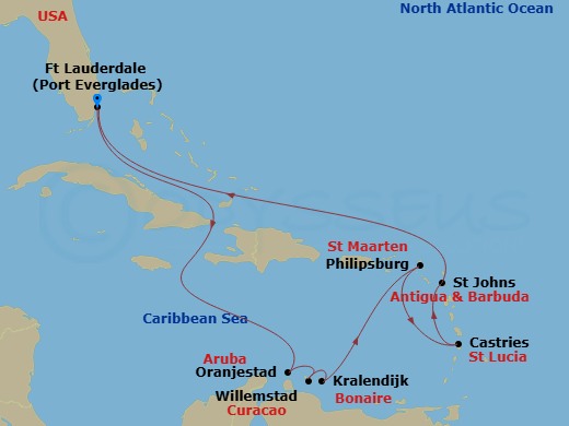 Celebrity Eclipse - 12 Night - Ultimate Southern Caribbean - Celebrity Eclipse - Starting in Fort Lauderdale, Florida, Oranjestad, Aruba, Willemstad AN, Curacao, Kralendijk, Bona.. itinerary map