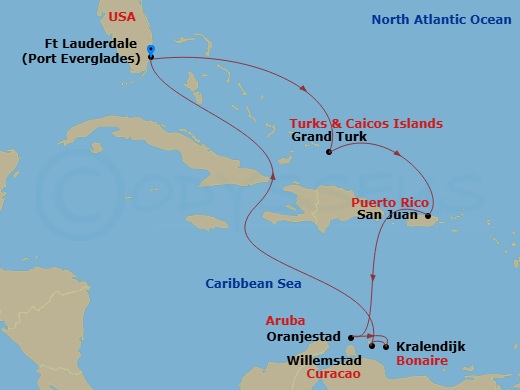 Celebrity Eclipse - 10 Night - Ultimate Southern Caribbean - Celebrity Eclipse - Starting in Fort Lauderdale, Florida, Grand Turk, Turks and Caicos, San Juan, Puerto Rico, Oranje.. itinerary map
