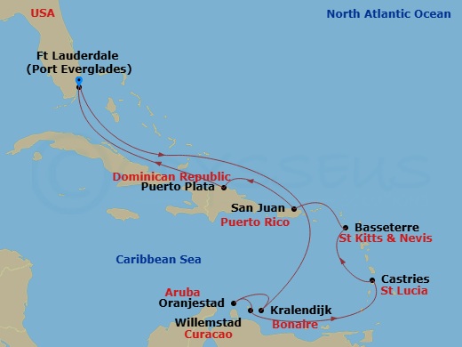Celebrity Eclipse - 12 Night - Ultimate Southern Caribbean - Celebrity Eclipse - Starting in Fort Lauderdale, Florida, Kralendijk, Bonaire, Oranjestad, Aruba, Willemstad AN, Cura.. itinerary map