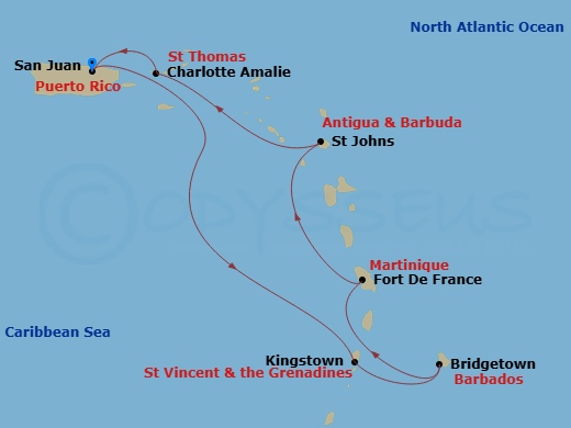 Celebrity Summit - 7 Night - Southern Caribbean Cruise - Celebrity Summit - Starting in San Juan, Puerto Rico, Kingstown, St Vincent, Bridgetown, Barbados, Fort-De-France, Marti.. itinerary map
