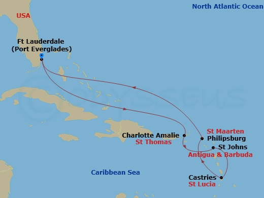 Celebrity Eclipse - 9 Night - Best of Southern Caribbean - Celebrity Eclipse - Starting in Fort Lauderdale, Florida, Charlotte Amalie, St Thomas, St Johns AG, Antigua, Castries,.. itinerary map