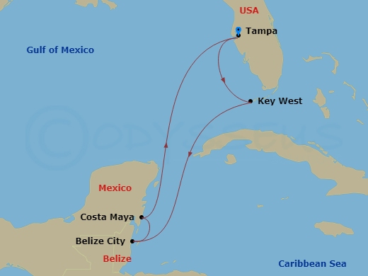 Celebrity Constellation - 7 Night - Key West, Belize & Mexico Cruise - Celebrity Constellation - Starting in Tampa, Florida, Key West, Florida, Belize City, Belize, Puerto Costa Maya,.. itinerary map