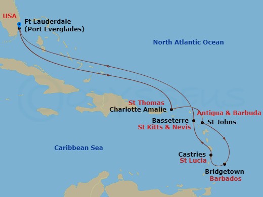 Celebrity Ascent - 10 Night - Best of Southern Caribbean - Celebrity Ascent - Starting in Fort Lauderdale, Florida, Charlotte Amalie, St Thomas, St Johns AG, Antigua, Bridgetown.. itinerary map