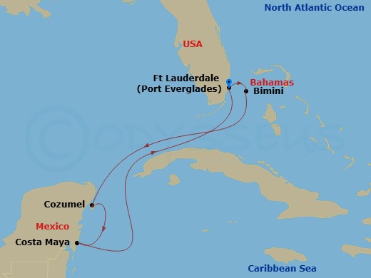 7 Night - Mexico & Bahamas Cruise - Celebrity Xcel - Starting in Fort Lauderdale, Florida, Bimini, Bahamas, Cozumel, Mexico, Puerto Costa Maya, Mexico, Fort Lauderdale, Florida itinerary map