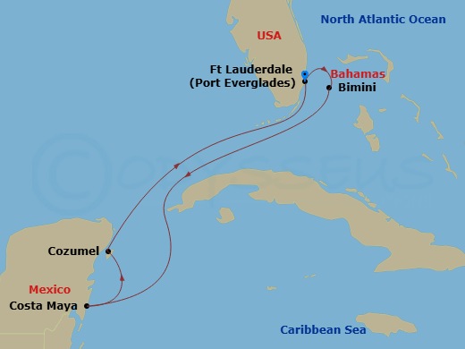 6 Night - Mexico & Bahamas Cruise - Celebrity Xcel - Starting in Fort Lauderdale, Florida, Bimini, Bahamas, Puerto Costa Maya, Mexico, Cozumel, Mexico, Fort Lauderdale, Florida itinerary map