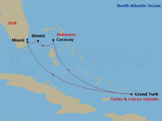 Celebrity Beyond - 6 Night - Perfect Day Cococay & Grand Turk - Celebrity Beyond - Starting in Miami, Florida, Grand Turk, Turks and Caicos, Perfect Day Cococay, Bahamas, Bimini.. itinerary map
