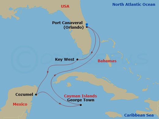 7 Night - Key West, Grand Cayman & Mexico - Celebrity Apex - Starting in Orlando (Port Canaveral), Fl, Key West, Florida, Cozumel, Mexico, George Town, Grand Cayman, Orlando (Port Canaveral), Fl itinerary map