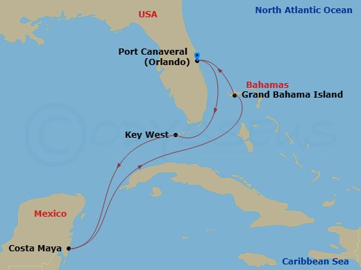 7 Night - Key West, Mexico & Bahamas - Celebrity Apex - Starting in Orlando (Port Canaveral), Fl, Key West, Florida, Puerto Costa Maya, Mexico, Grand Bahama Island, Bahamas, Orlando (Port Canaveral), Fl itinerary map