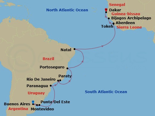 23 Night - Buenos Aires to Dakar - Silver Endeavour - Starting in Buenos Aires, Montevideo, Punta Del Este, Paranagua, Paraty, Rio De Janeiro, Abrolhos Archipelago, Porto Seguro, Natal, Aberdeen, Tokeh, Bijagos Archipelago, Dakar itinerary map